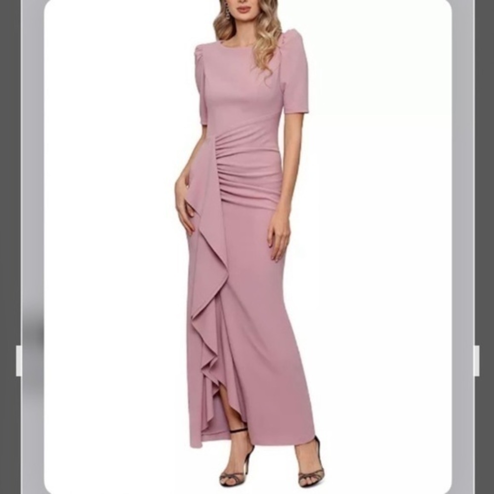XSCAPE Petite Gathered-Waist Waterfall-Ruffle Short Elbow Sleeve Gown in Rose
